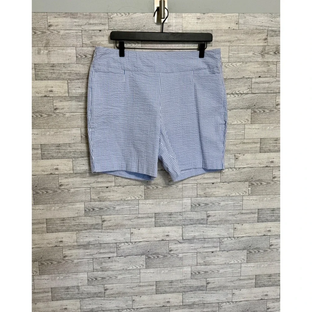 Kim Rogers Womens Blue White‎ Seersucker Striped Side Zip Shorts Size 12 Preppy